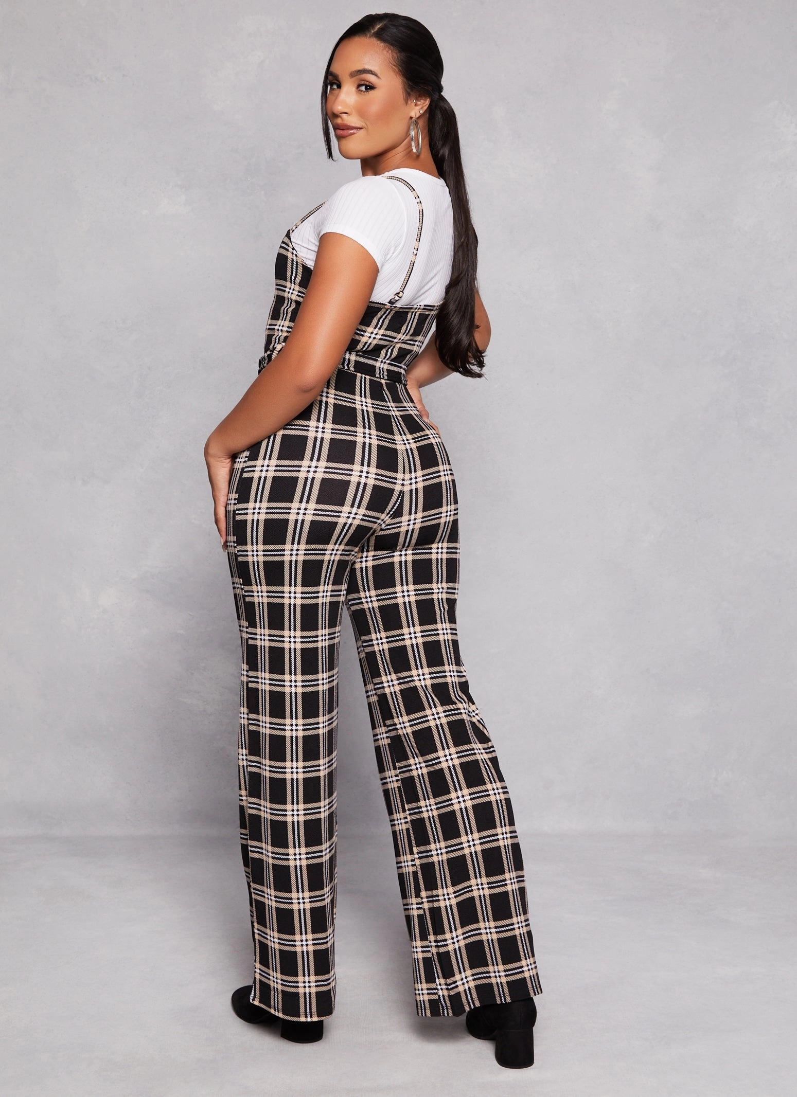 Almost Famous Plaid Belted Cami Jumpsuit with Tee