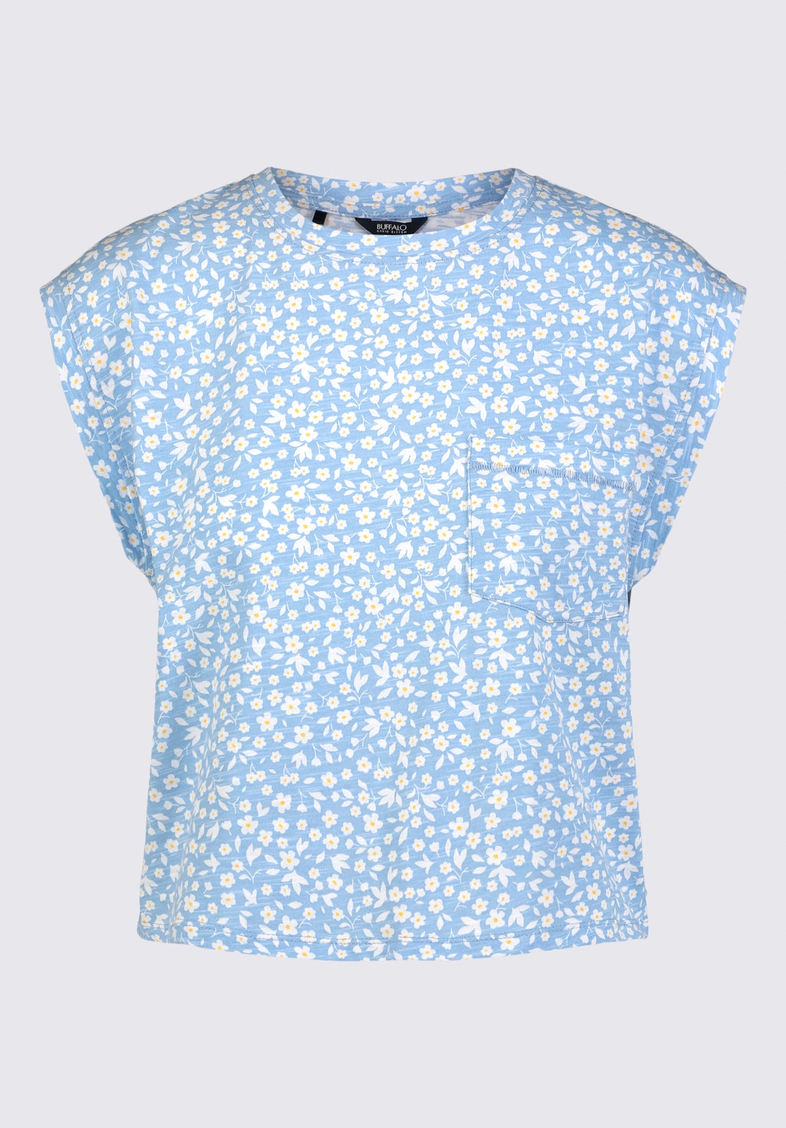 Amandine Women's Cap-Sleeve Crop Top, Blue with White Flowers - KT0148S
