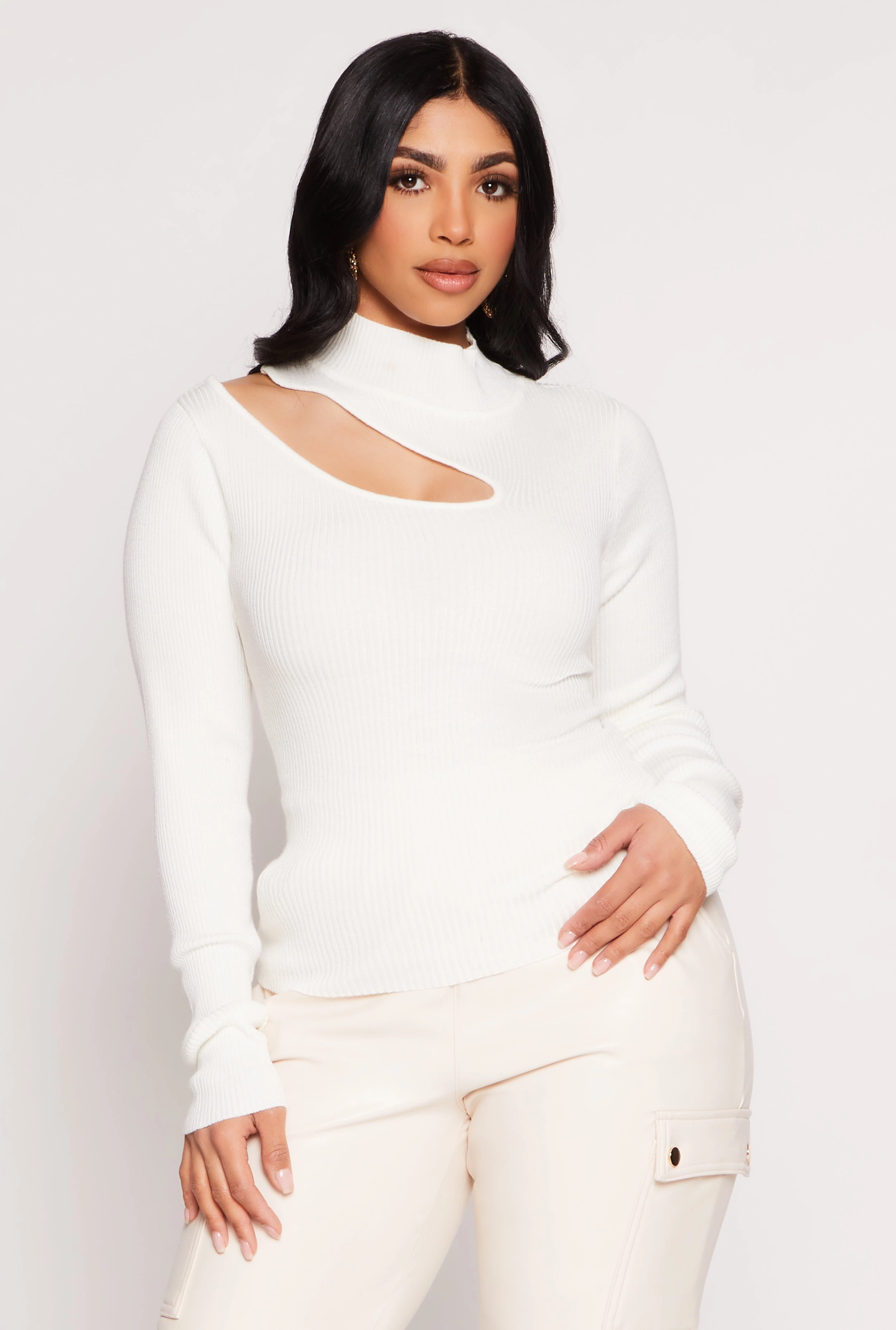Asymmetrical Cut Out Mock Neck Sweater