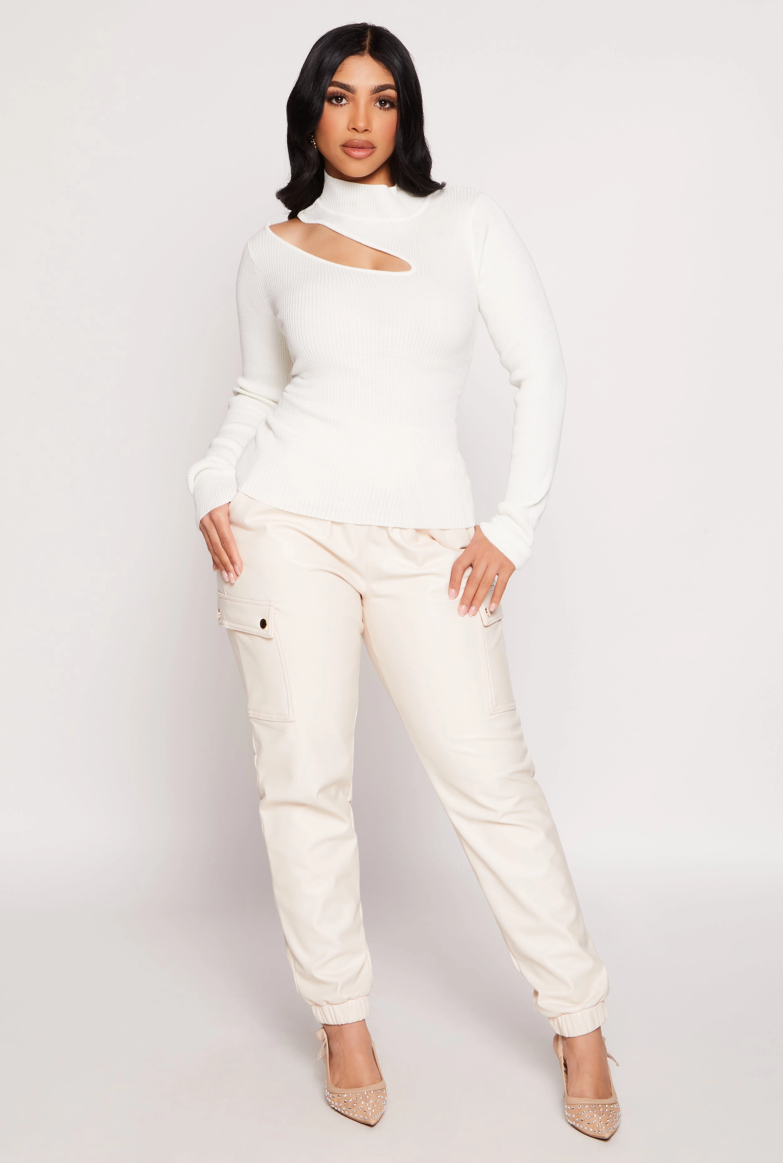 Asymmetrical Cut Out Mock Neck Sweater