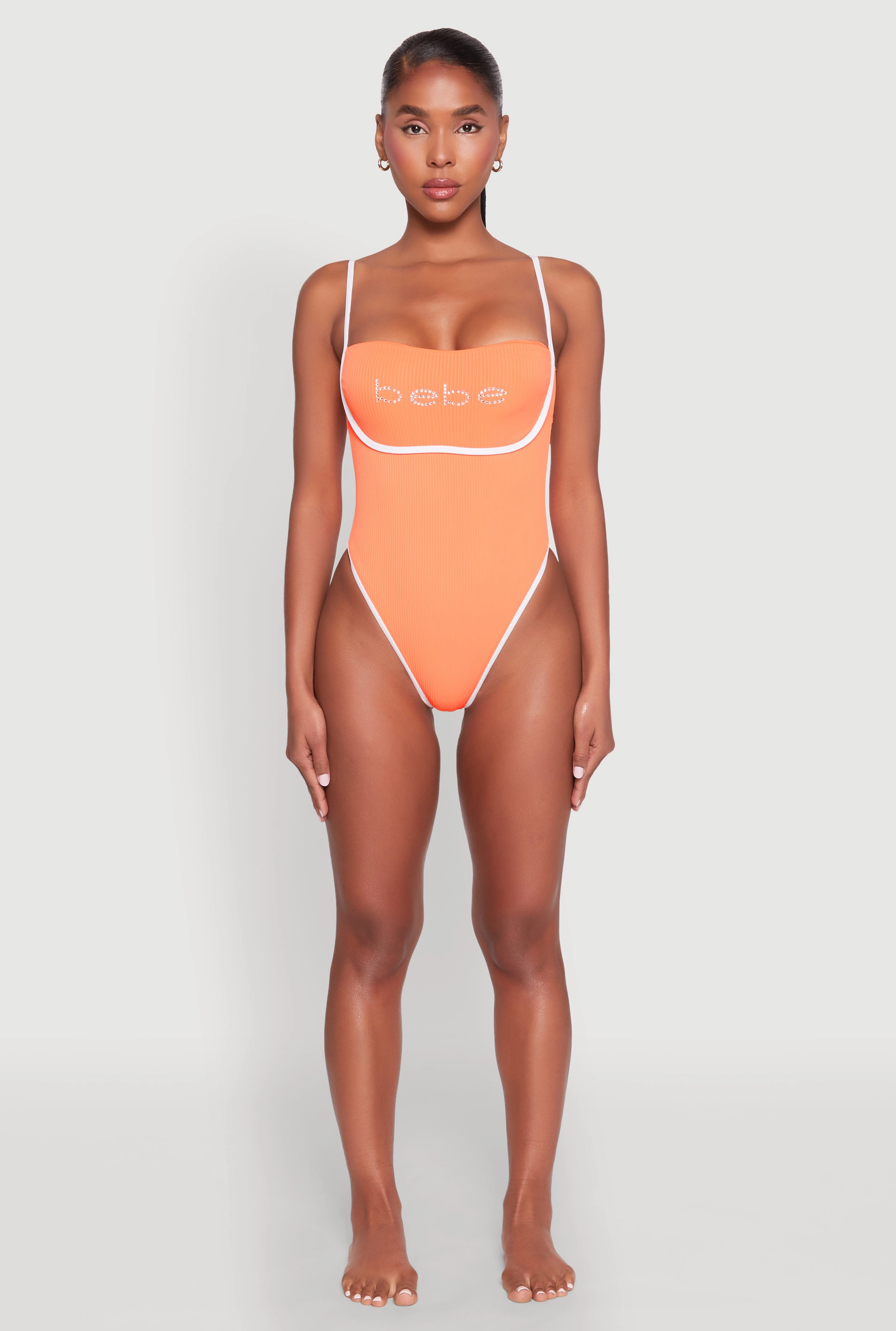 Bebe Rhinestone Tie Back One Piece Swimsuit