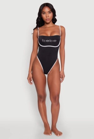 Bebe Rhinestone Tie Back One Piece Swimsuit