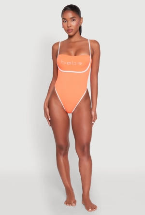 Bebe Rhinestone Tie Back One Piece Swimsuit