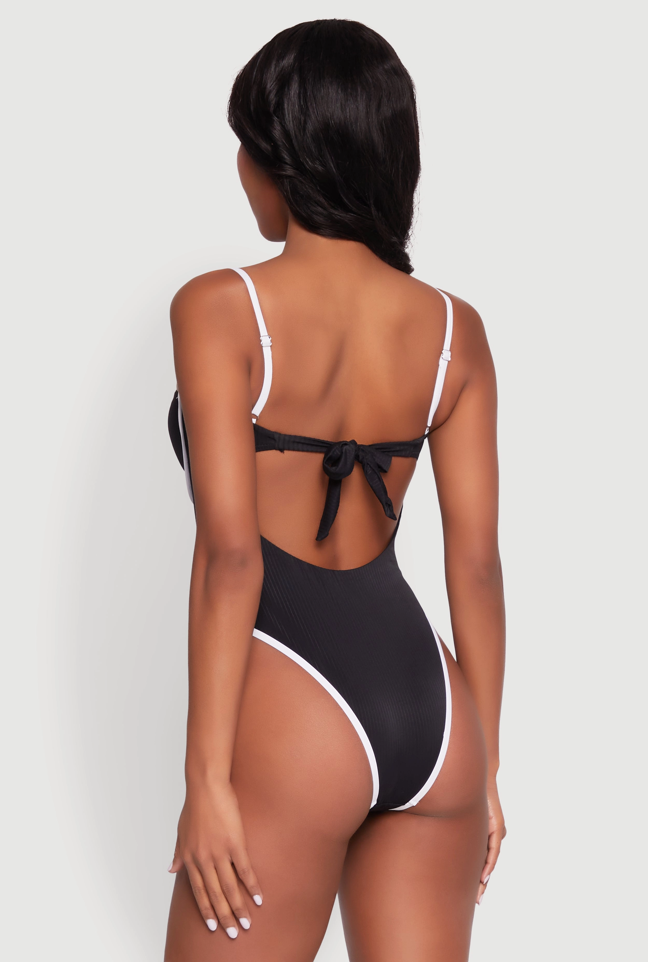 Bebe Rhinestone Tie Back One Piece Swimsuit
