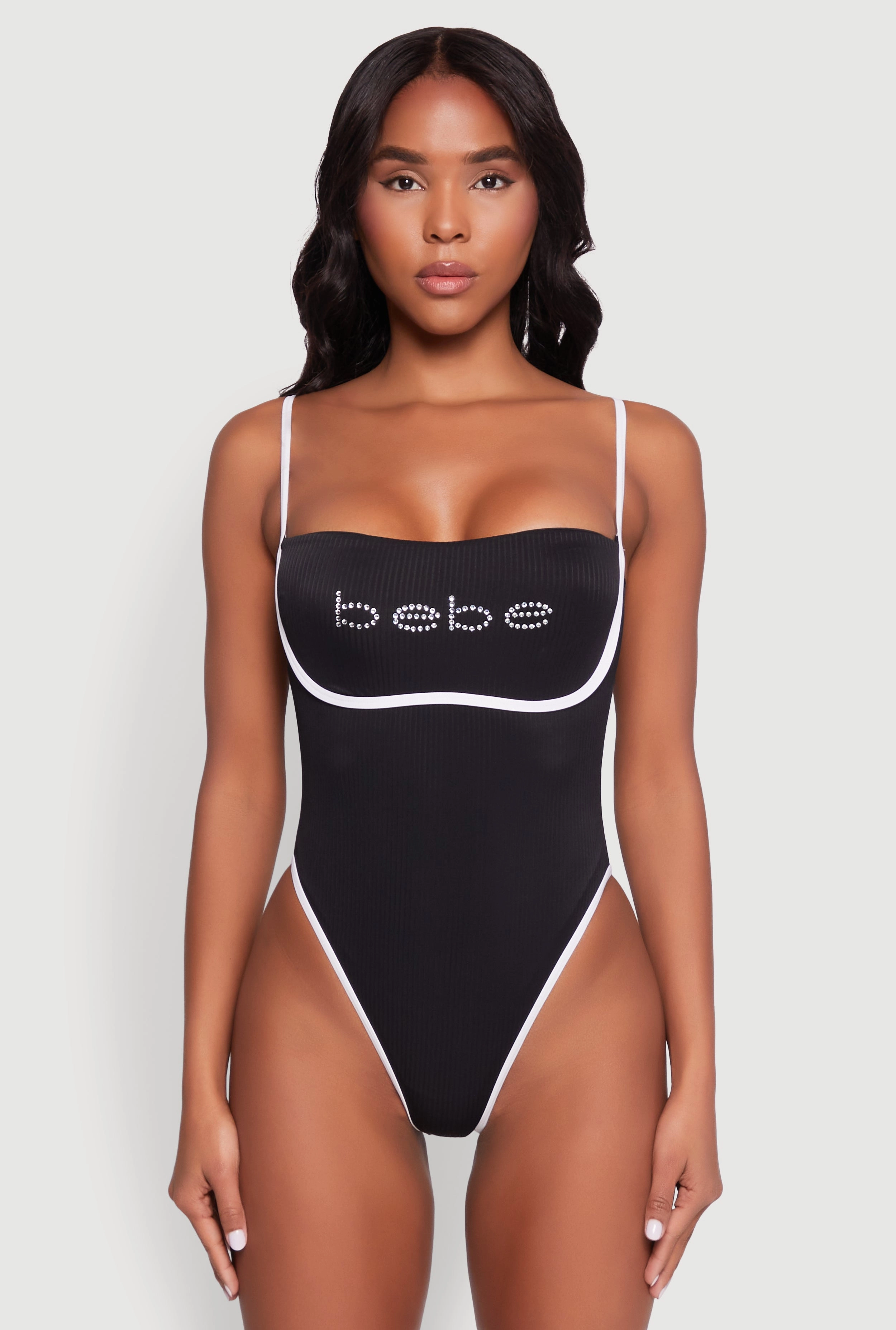 Bebe Rhinestone Tie Back One Piece Swimsuit