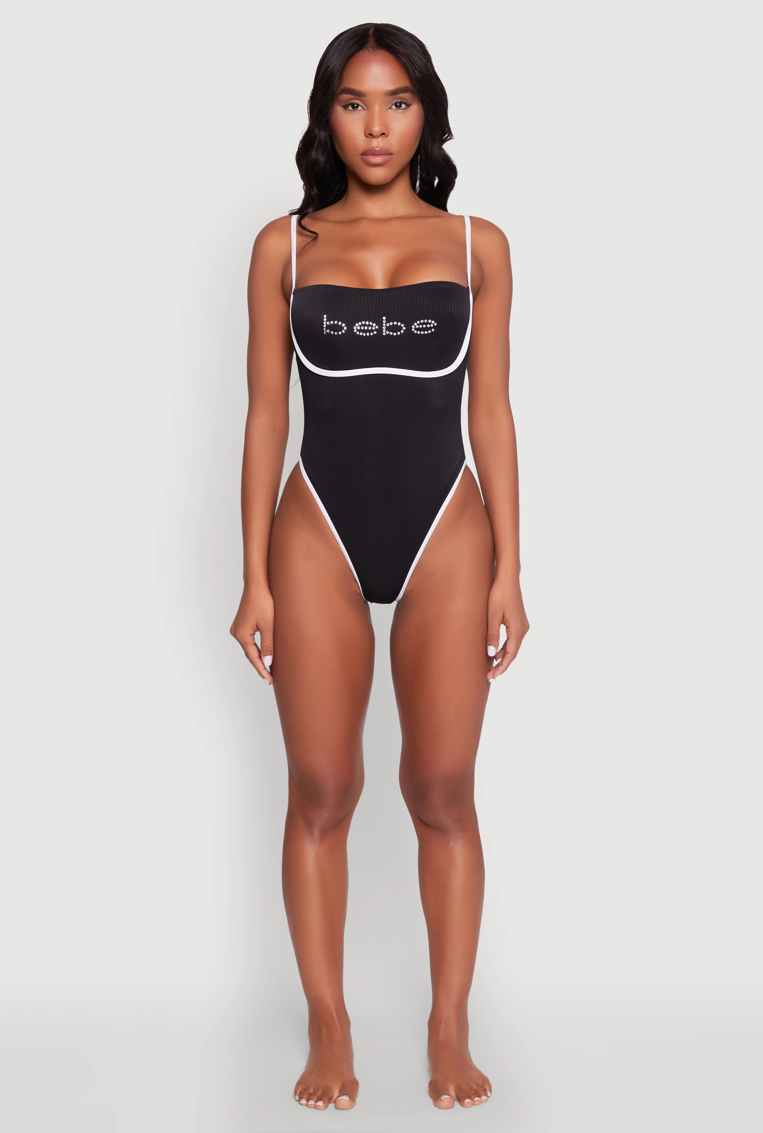 Bebe Rhinestone Tie Back One Piece Swimsuit