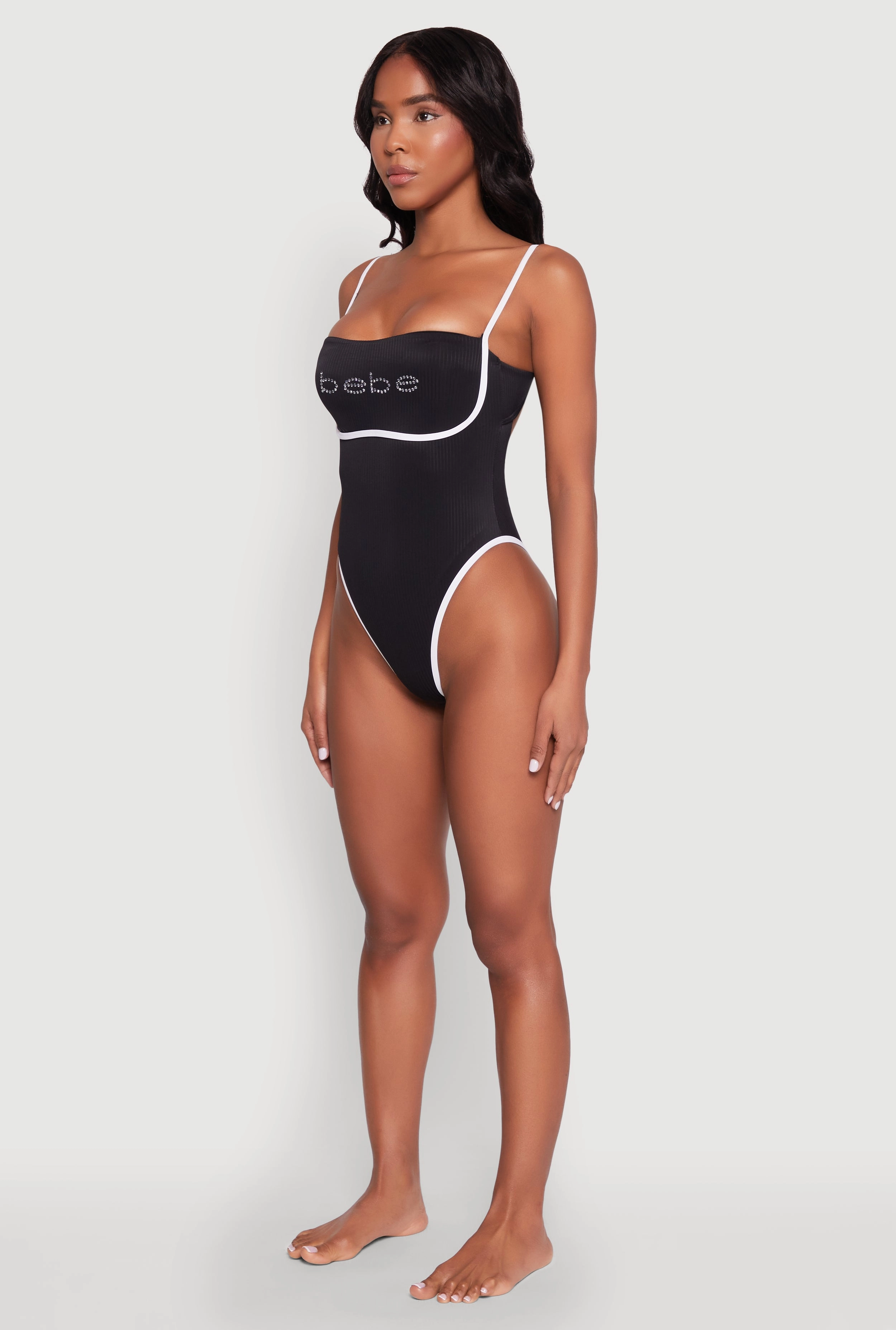 Bebe Rhinestone Tie Back One Piece Swimsuit