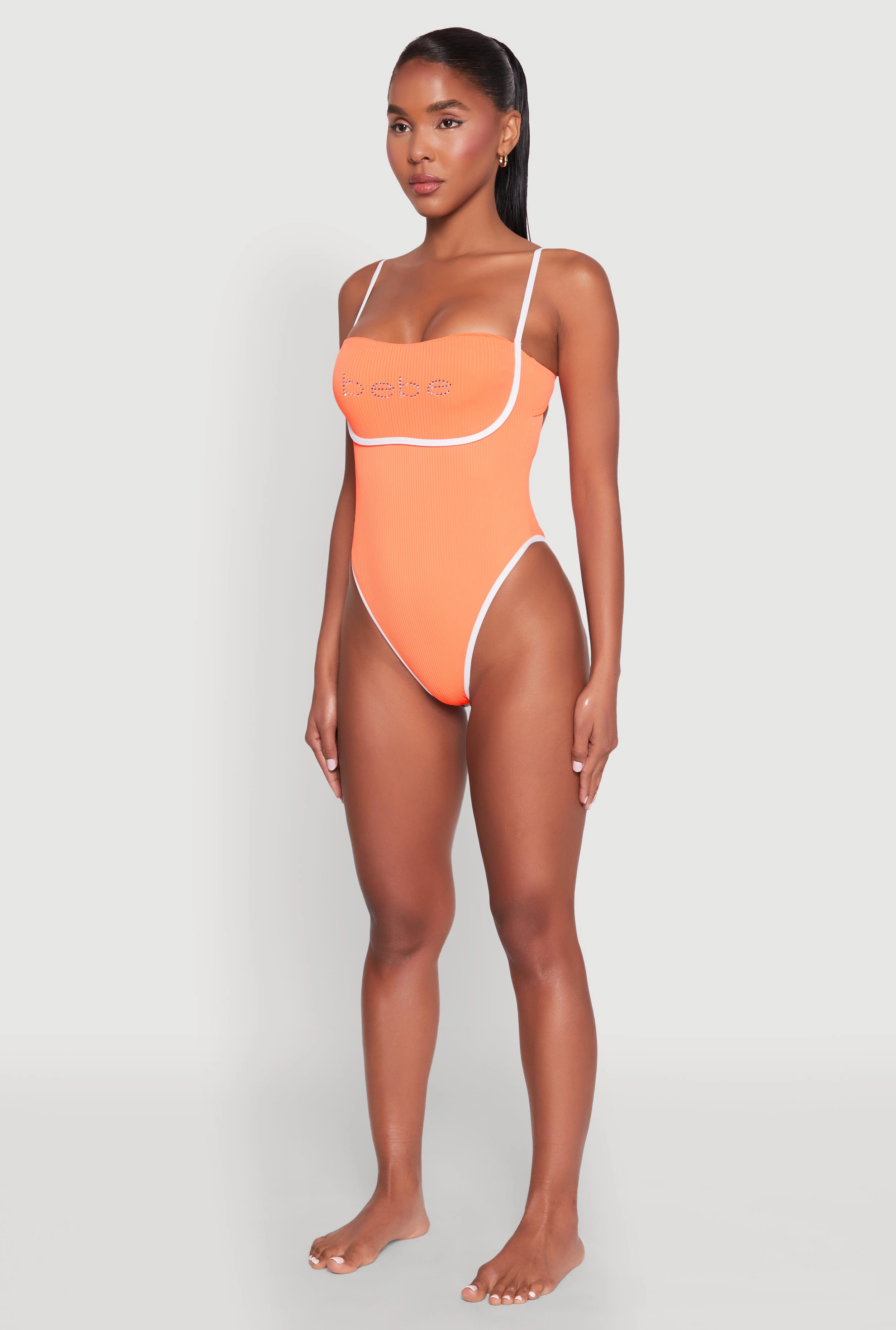 Bebe Rhinestone Tie Back One Piece Swimsuit