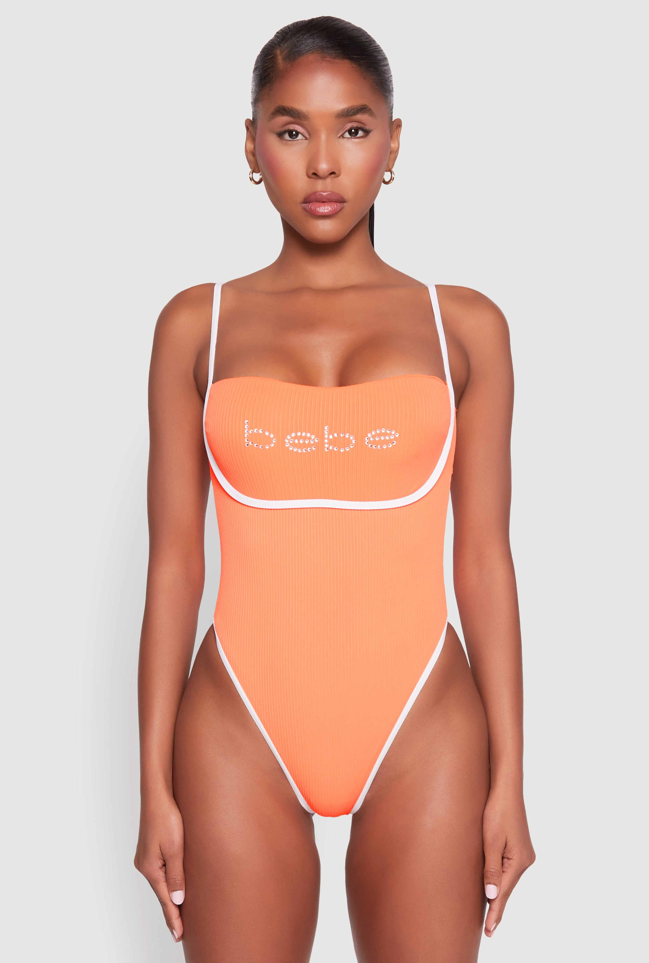 Bebe Rhinestone Tie Back One Piece Swimsuit