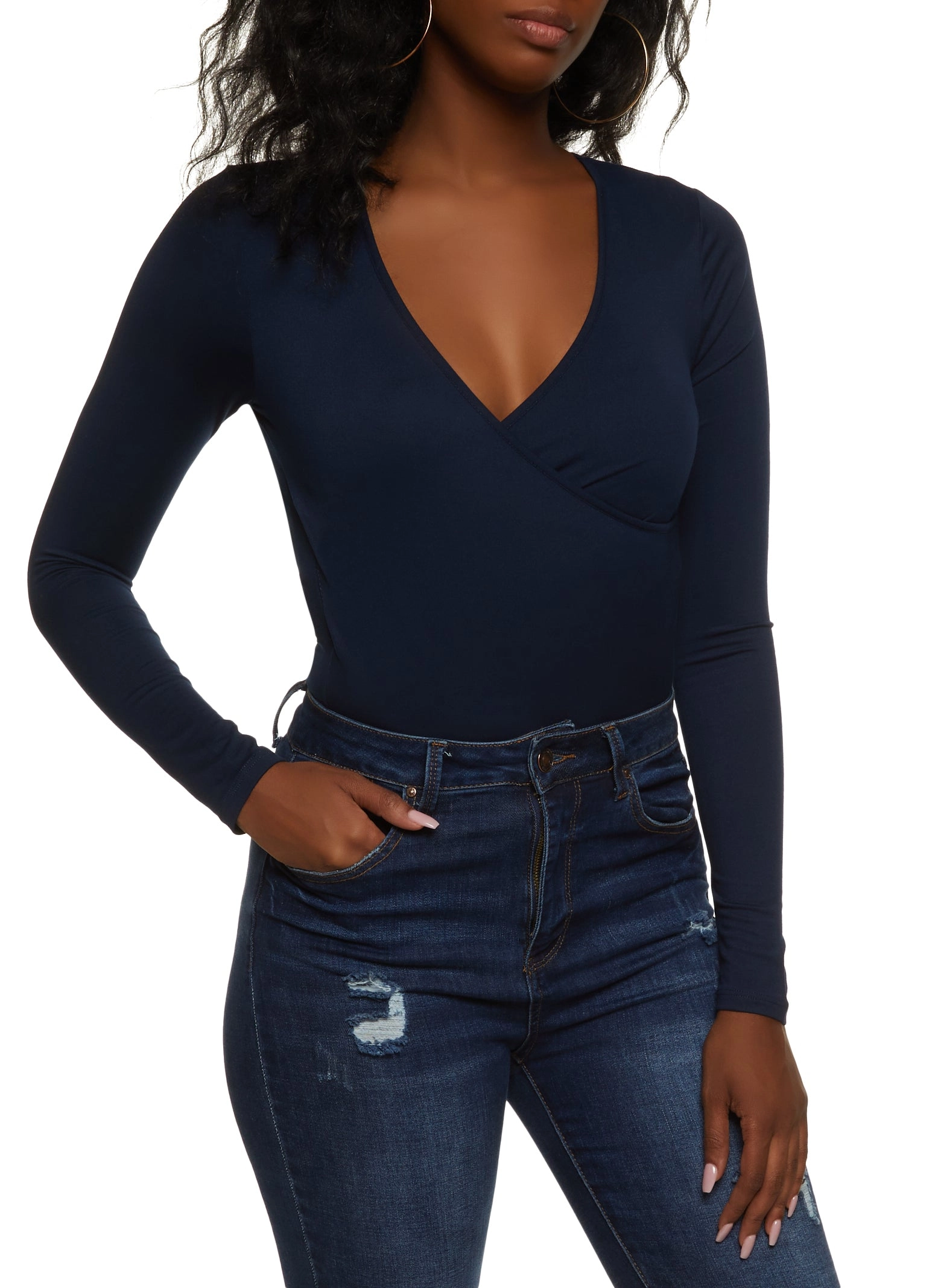 Body Contour Faux Wrap Long Sleeve Bodysuit