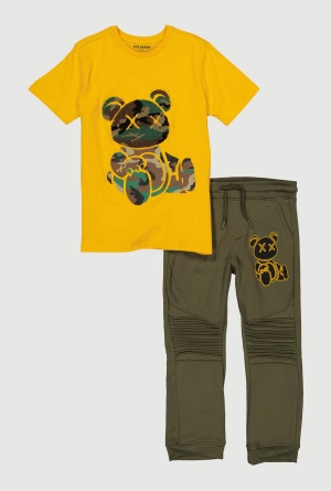 Boys Chenille Camo Bear Graphic Tee and Moto Joggers
