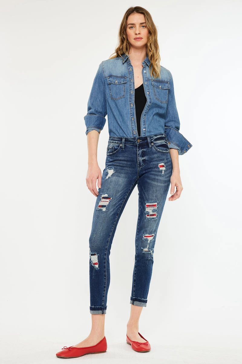 Coco Mid Rise Patched Ankle Skinny Jeans