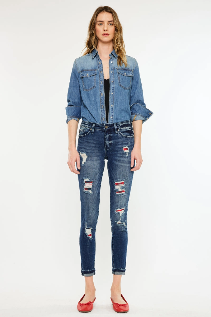 Coco Mid Rise Patched Ankle Skinny Jeans