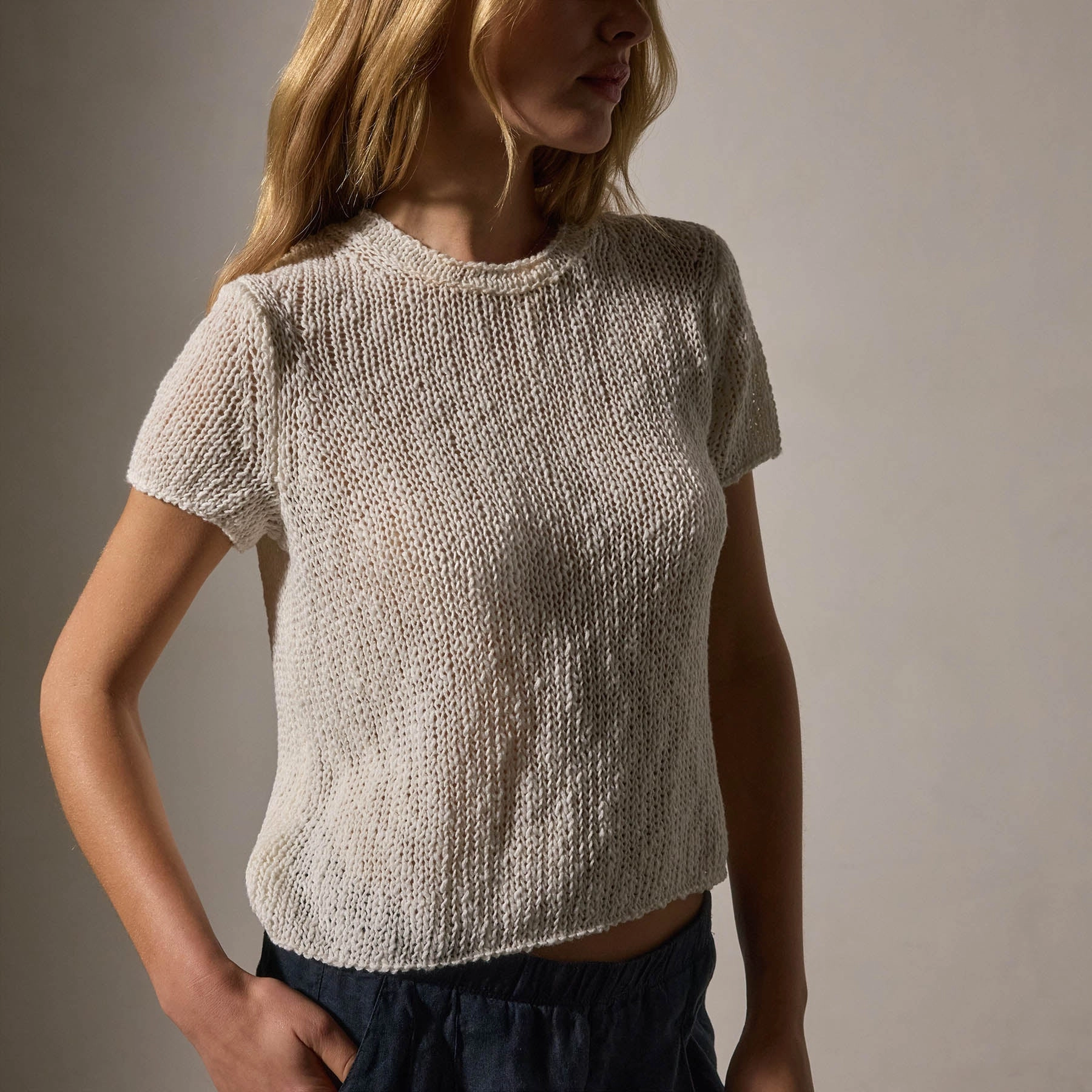 Cotton Linen Knit Crew Neck - White