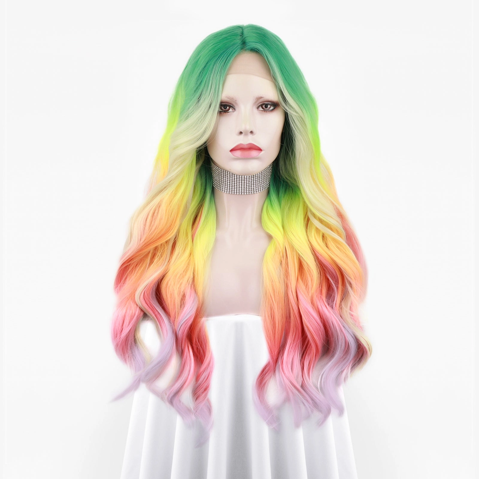 Heather-Gorgeous Rainbow Colorful long Water Wave Synthetic T Part Lace Front Wig
