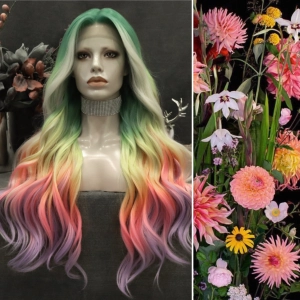 Heather-Gorgeous Rainbow Colorful long Water Wave Synthetic T Part Lace Front Wig