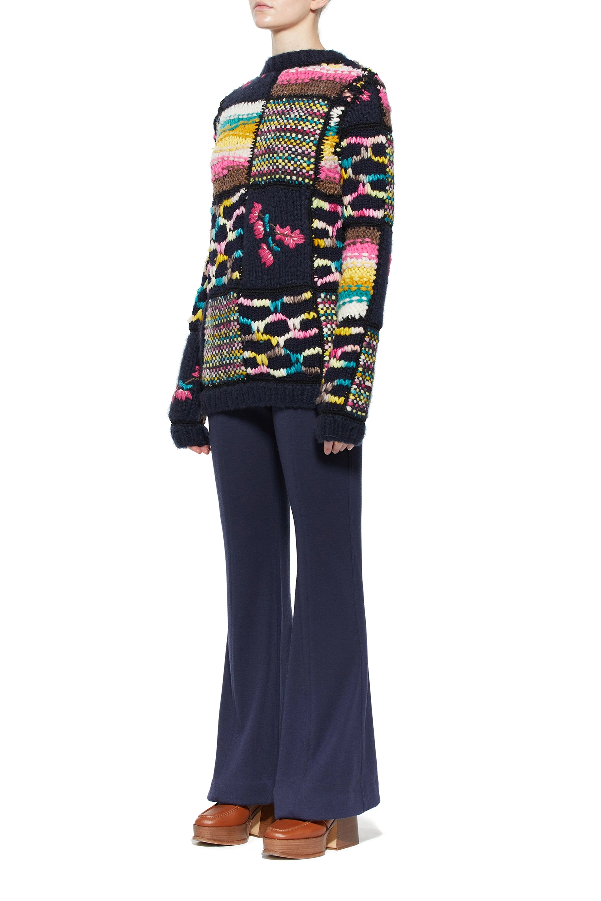 Lawrence Patchwork Knit Sweater in Dark Navy Multi Welfat Cashmere