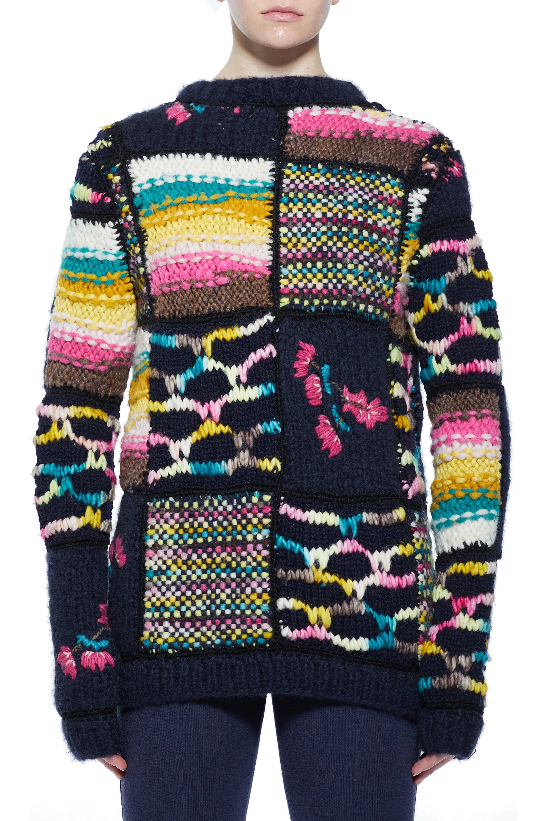 Lawrence Patchwork Knit Sweater in Dark Navy Multi Welfat Cashmere