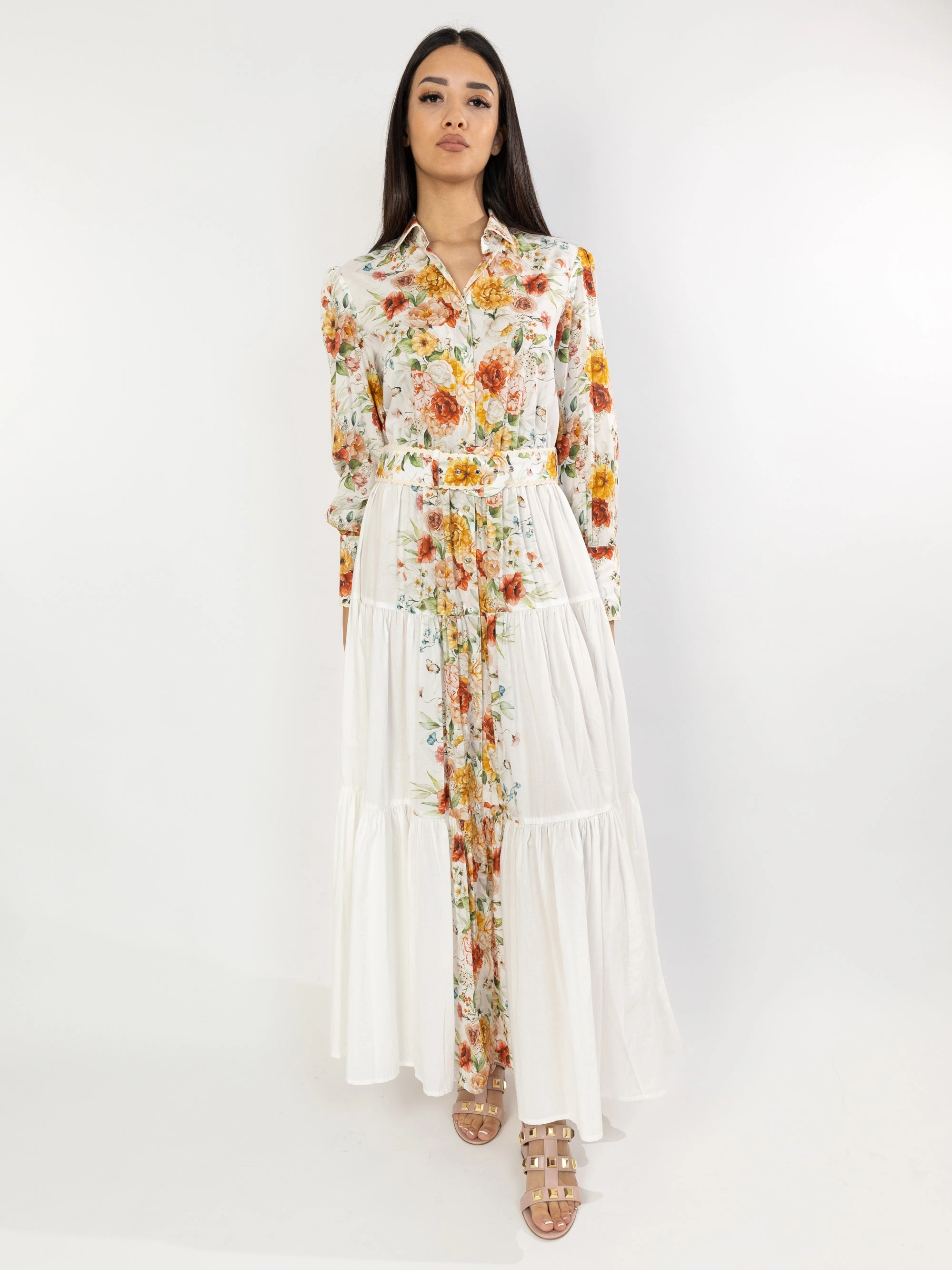 Long White Floral Shirtdress