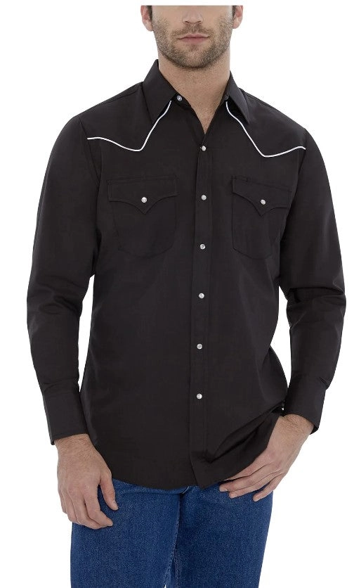 Men's Ely Cattleman Long Sleeve Western Snap Shirt with Contrast Piping 15202980-BLACK W/WHITE PIPE-S
