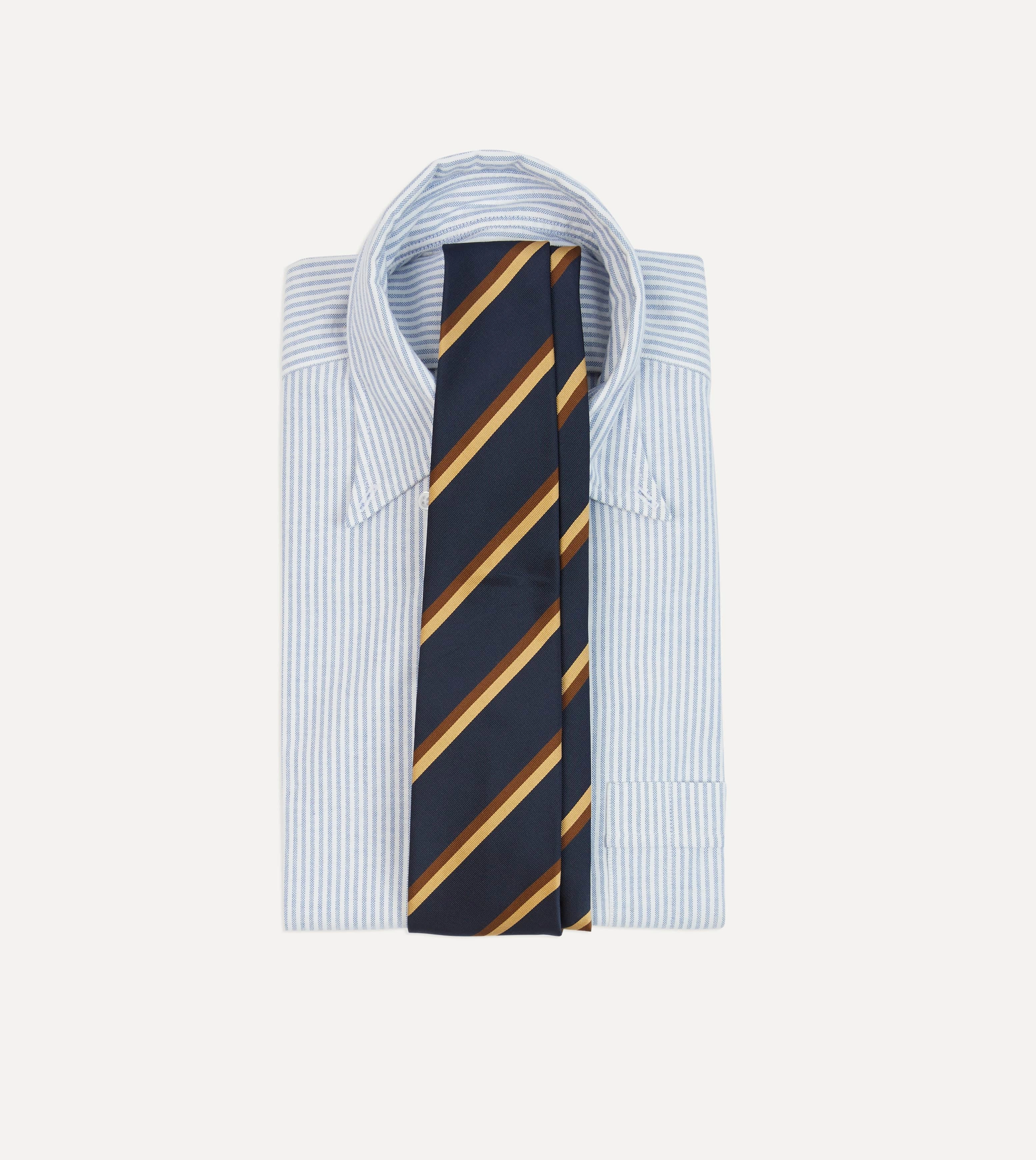 Navy, Gold and Brown Double Stripe Mogador Silk Tipped Tie