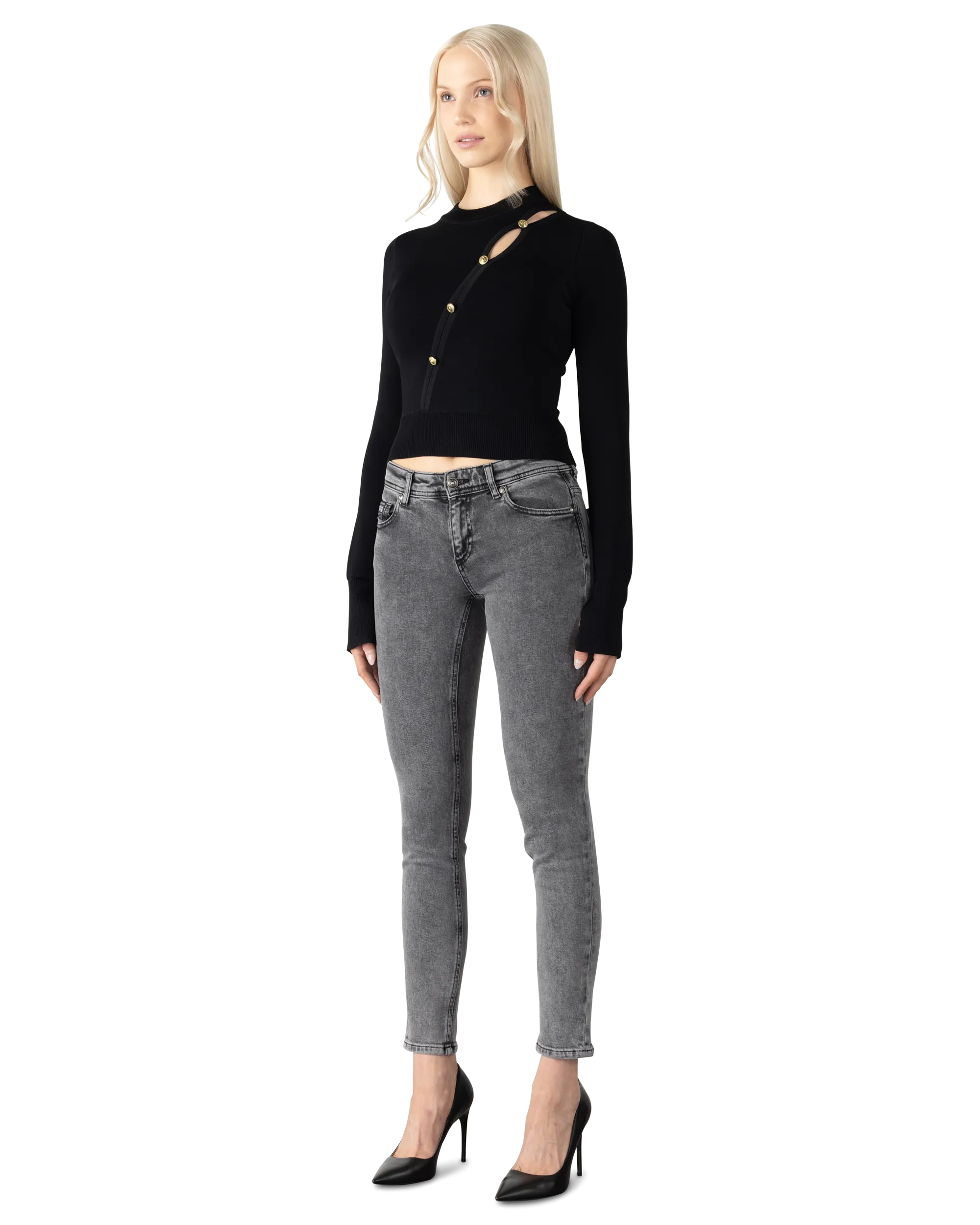 Peek-A-Boo Button Detail Cropped Sweater