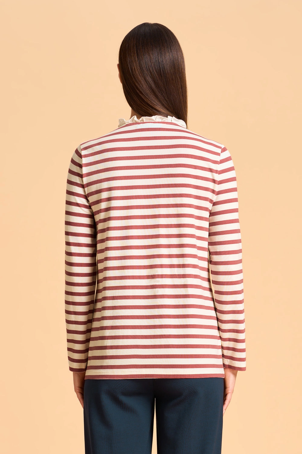 Ruffle Trim Henley T-Shirt - Dusty Pink Stripe