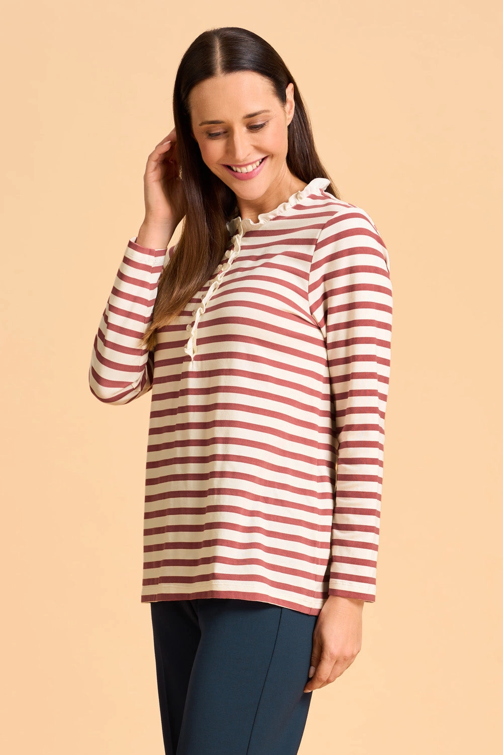Ruffle Trim Henley T-Shirt - Dusty Pink Stripe