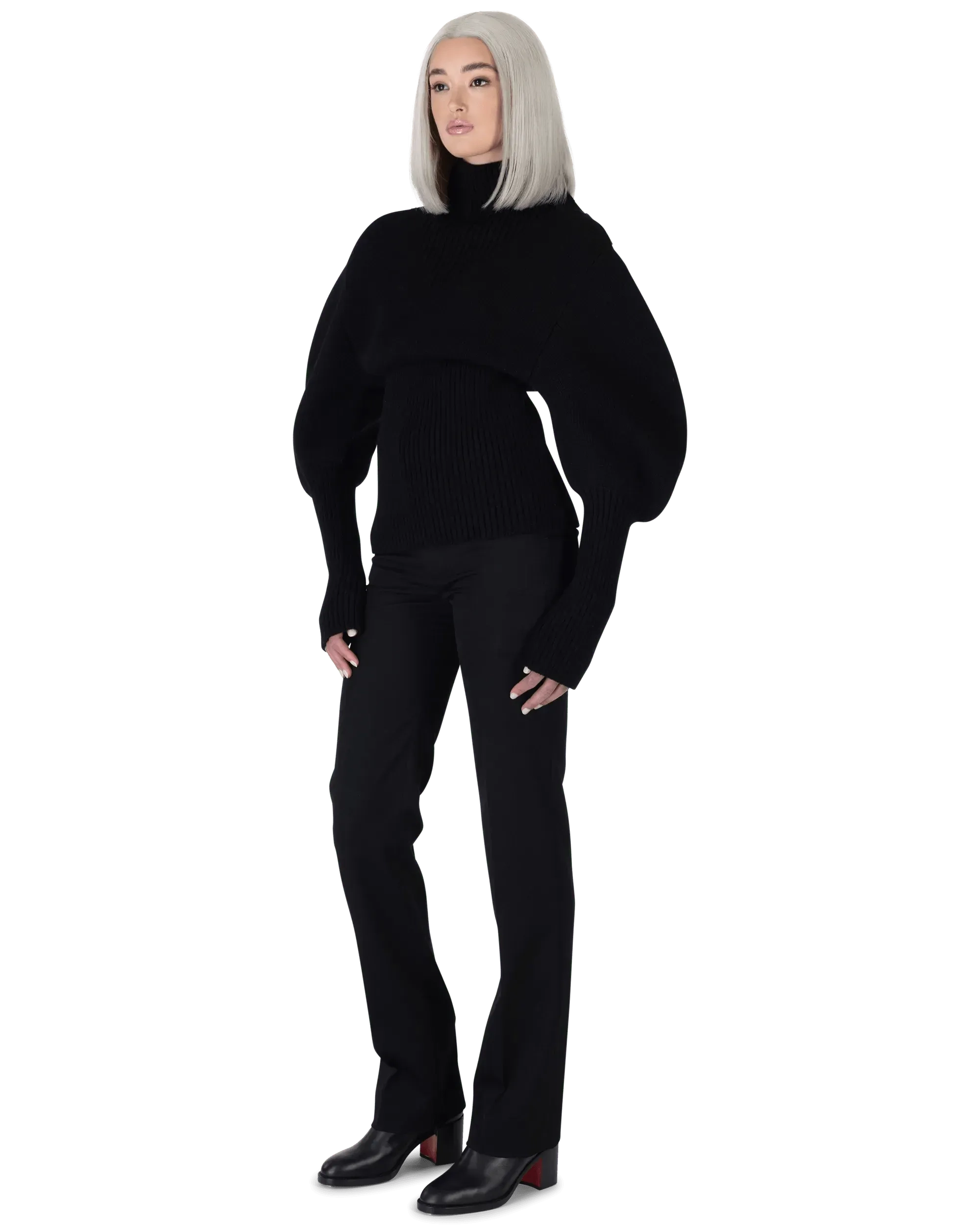 Shetland Double Face Turtleneck Puffed Sleeve Sweater